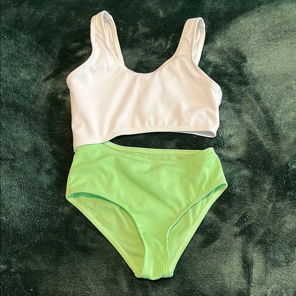 Must be bundled. White and Green Ribbed Bikini Set